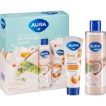 Набор подарочный, Aura (Аура) 250 мл + 75 мл Молочный смузи - крем-гель для душа кокос и миндаль + крем для рук восстанавливающий коробка